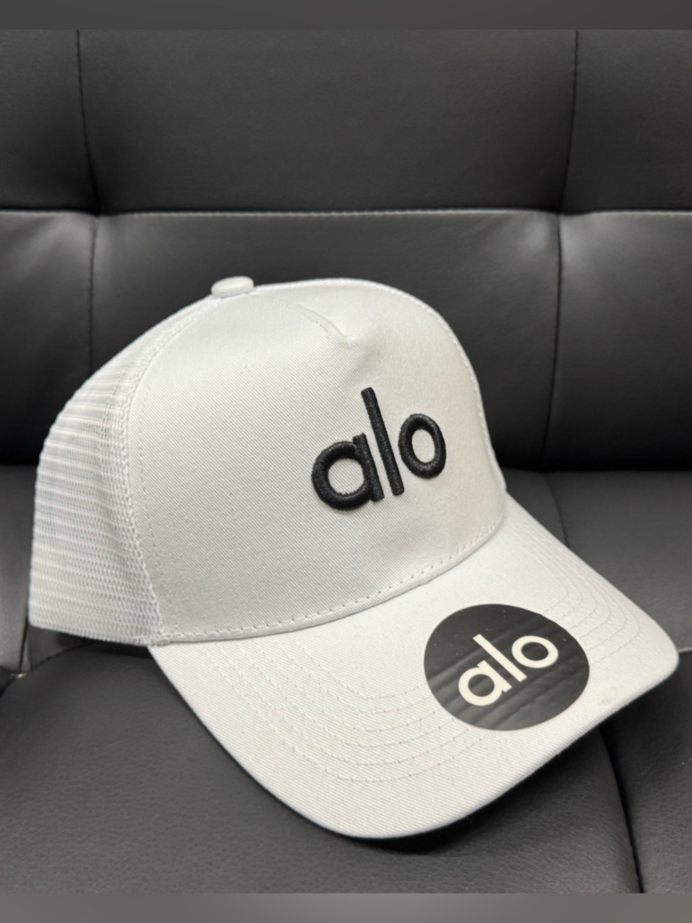ALO Yoga Kids White Trucker Cap with Black Logo